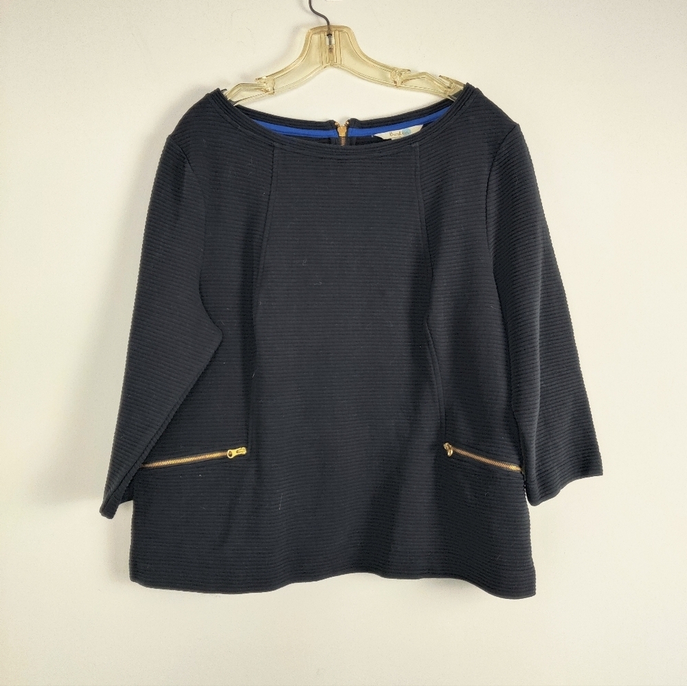 Boden Women's Black Textured Cotton Blouse with Gold Zip Detail, Size 16